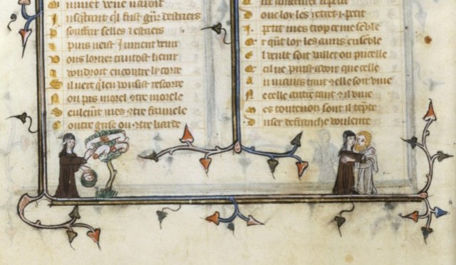 Drôlerie marginale : nonne faisant la cueillette dans un arbre